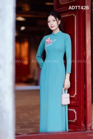 Áo dài chiffon xanh đậm hoa kết ruy băng