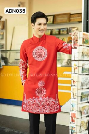 Áo dài nam đỏ hoạ tiết thêu