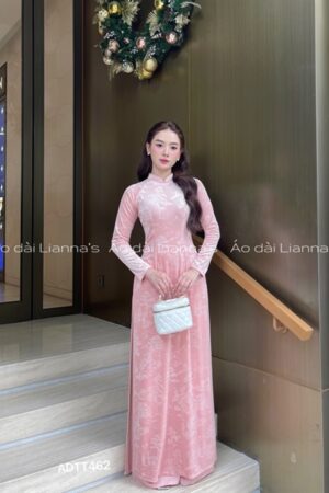 Áo dài nhung họa tiết Hồng