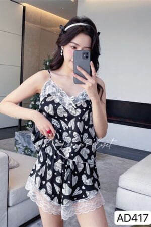 Set lụa 2 dây tim trắng đen