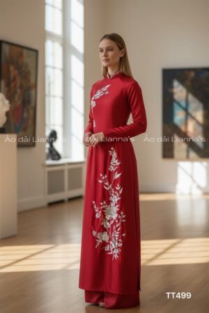 Áo dài thiết kế đỏ lua valentino thêu hoa