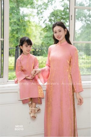 Áo dài ánh kim Hồng đỗ có cổ