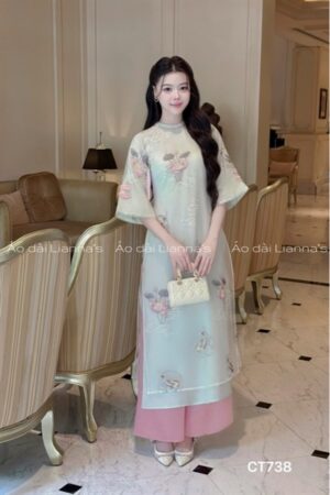 Ao dai sen ngư xanh ngoc cổ tròn