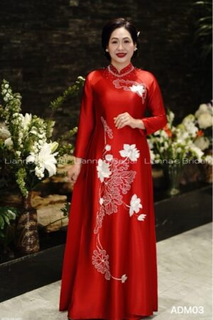Áo dài mẹ cao cấp đỏ tươi thêu sen