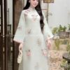 Áo dài thêu sen ngư xanh ngoc có cổ