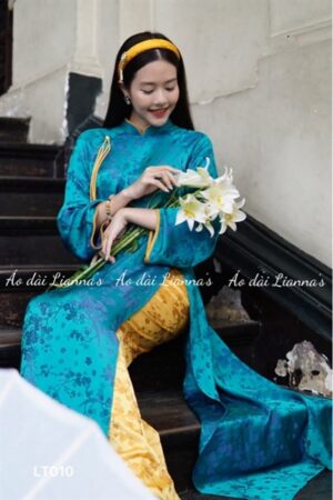 áo dài lụa tằm hoa đào xanh dương
