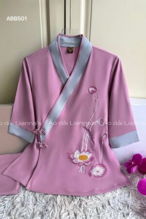 set pháp phục thêu sen Hồng vạt chéo