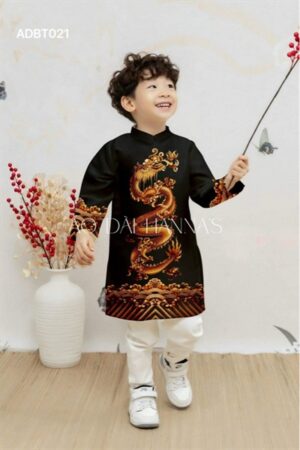 Áo dài bé trai rồng đen _ gấm