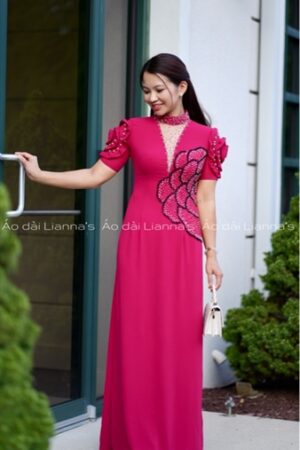 Áo dài thiet kế tay hoa đỏ sen