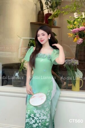 Áo dài cách tan xanh lá hoa kết nguc tay canh tiên kiotviet 39130af6c07e5e1f04ab2087e0974909