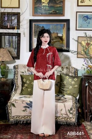 Áo bà ba tơ đỏ thắt nơ
