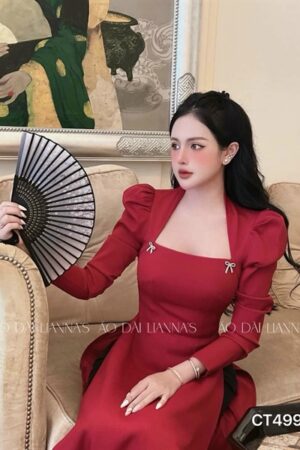 Áo dài thiế kế cổ vuông tay bồng đỏ kiotviet 4509dbf0d1ffac77b61db07c3d3753ca
