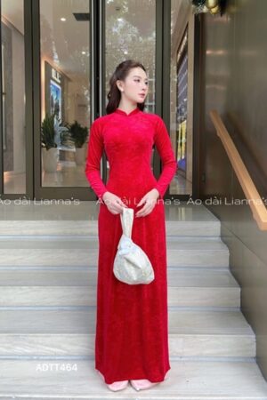 Áo dài truyền thống nhung đỏ họa tiết