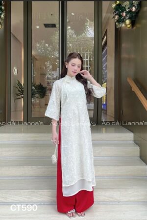 Áo dài cách tan lông hoa trang kem quan đỏ kiotviet 49213b4ca604f16e230e8eaa688f8a18