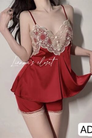 Set lụa 2 day đỏ ren hoa