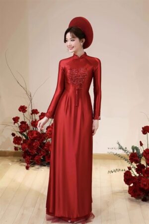 áo dài cưới đỏ kết chữ hỷ