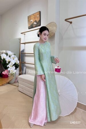 Áo dài tơ tằm cốm viền hồng