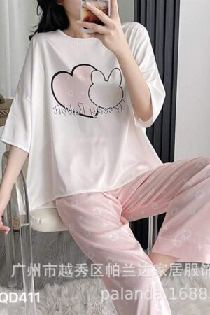 set lụa tay ngắn quần dài tim LV