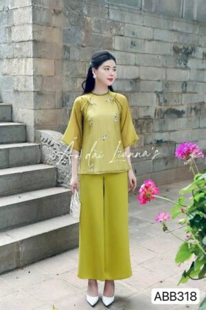 Set đi lễ xanh cốm thêu hoa áo