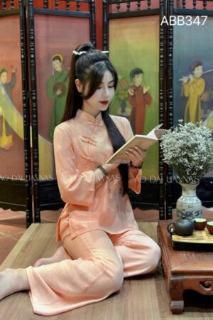 Set đi lễ đũi hồng thêu hoa sen