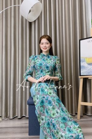 Áo dài TT hoa nhí xanh green tơ 4 tà