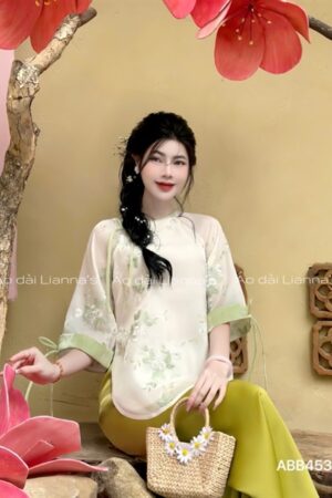 Áo bà ba hoa lá thêu tong xanh cốm