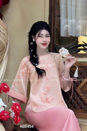 áo bà ba hoa lá thêu tong Hồng đỗ