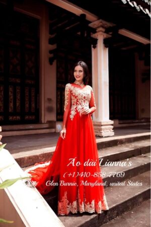 Áo dài cưới thiết kế ren đỏ
