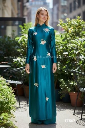 Áo dài thiết kế hoa theeu tong xanh