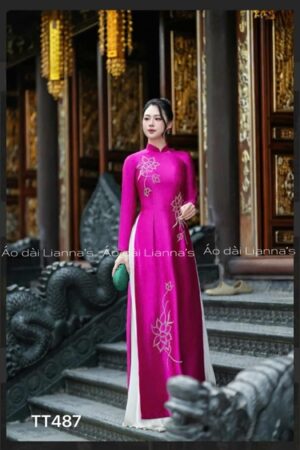 Áo dài cao cấp lụa valentino đính kết Hồng sen Cẩm
