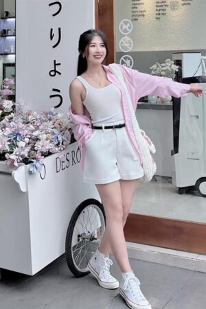 Set sơ mi sọc Hồng quan trắng kèm belt