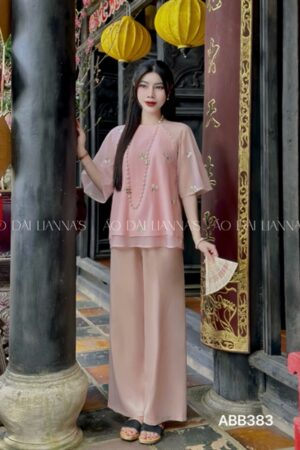 Set bà ba tơ hồng 2 tầng hoa thêu