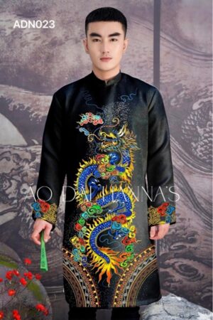 Áo dài nam đen rồng nhiều màu _ gấm