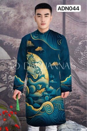 Áo dai nam xanh green nhiều hoạ tiết _gấm