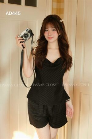 Set lụa 2 day kẻ caro đen