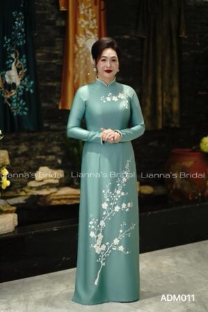 Áo dài mẹ cao cấp dinh kết hoa xanh