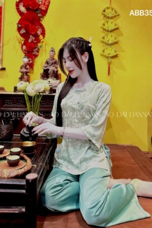 Set bà ba lua nha xá hoa Hồng xanh cốm nút khuy tàu