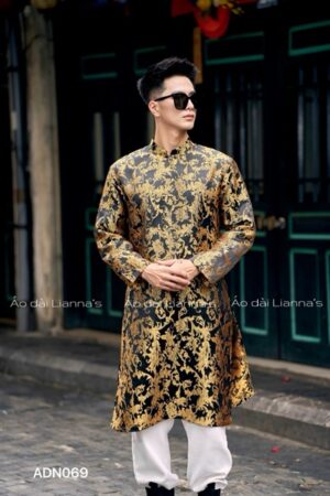Áo dài gấm nam đen hoa tiết gold
