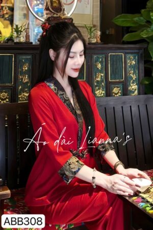 Set đi lễ cổ chéo phối gấm -màu đỏ