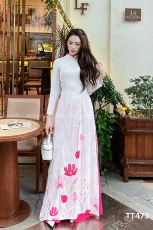 Áo dài trắng hoa sen Hồng in chân tà
