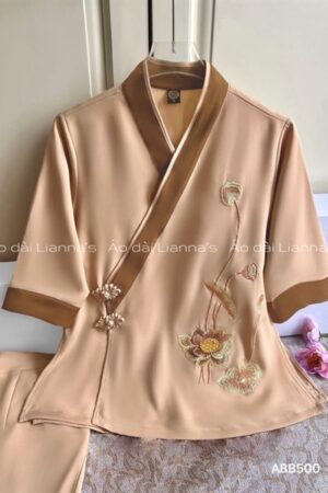 set pháp phục cafe sữa hoa sen vạt chéo