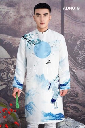 Áo dài nam xanh phong cảnh_gấm cặp _nam