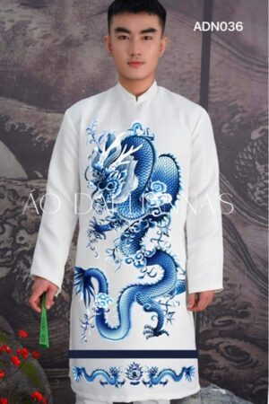 Áo dài nam rồng xanh áo trắng _gấm