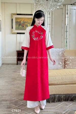 Áo dai đỏ thêu hoa vòng tròn kiotviet cc597495ccbdc949c3615be8917b8401