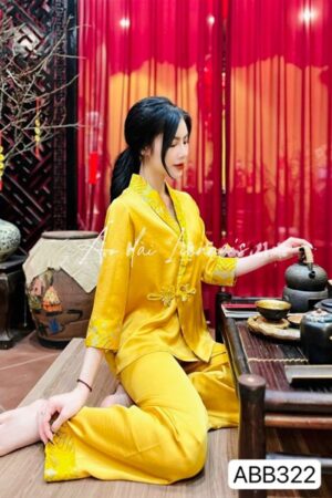 Set đi lễ cổ chéo phối gấm vàng gold