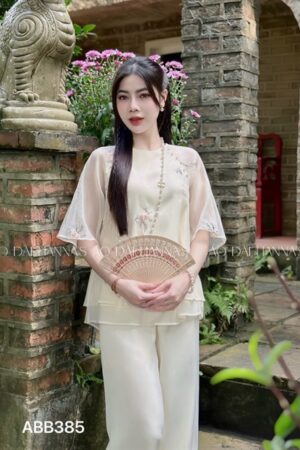 Set bà ba tơ trắng kem 2 tầng hoa thêu