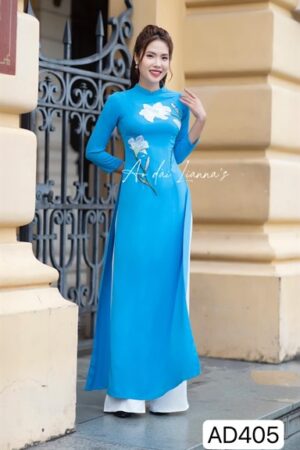 Áo đai truyền thống hoa theu xanh dương