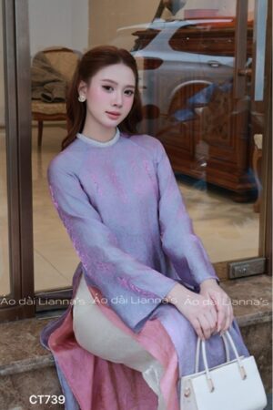 Áo dài tơ ánh kim 4 tà tím nhẹ