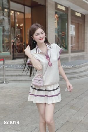 Set váy xếp ly trắng viền tím