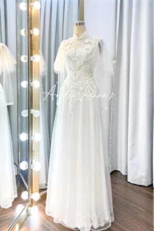 Áo dài cưới thiết kế trắng tay cánh tiên